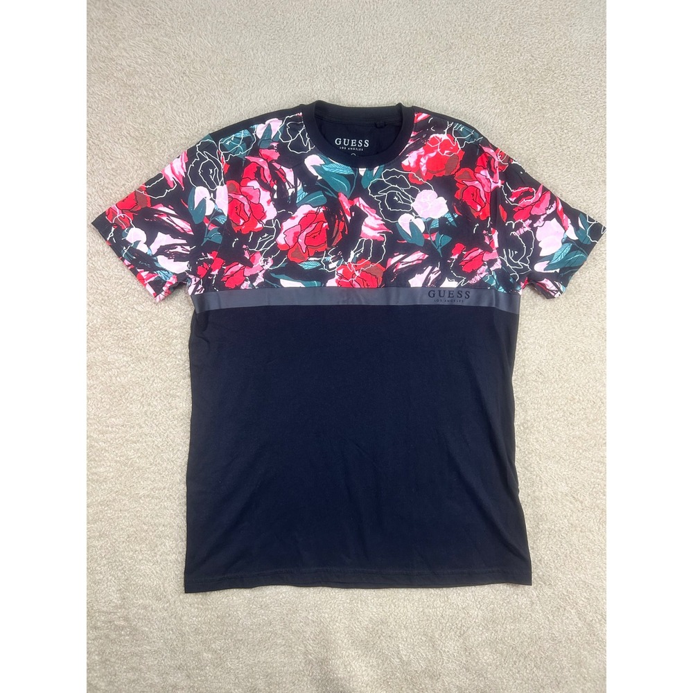 GUESS Mens Black Floral Print Short Sleeve T Shirt LA Style Size Medium - Picture 1 of 7